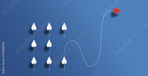 paper planes flying in formation with one paper glider leading the others above blue background, management and leadership concept