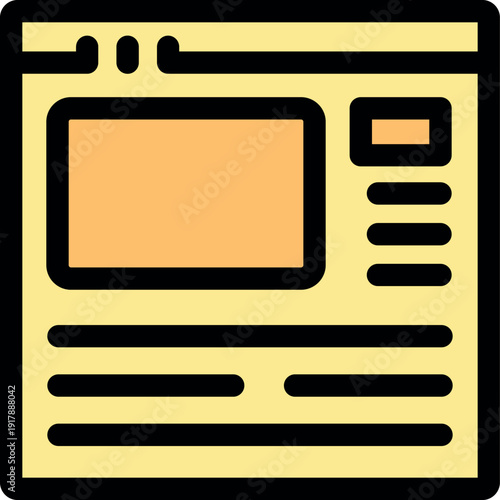 Clean vector illustration of a website landing page, featuring a prominent image or video area, navigation buttons, and text sections