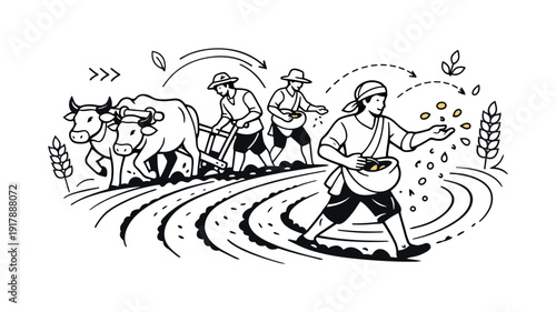 Traditional Farming Scene. Traditional plowing and sowing. Oxen pulling a simple plow while farmers scatter