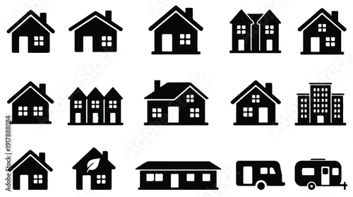 black and white house and building icons on white background