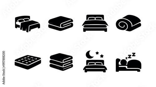 Bedding accessories. Filled icon set of Bedding accessories: bed throw cover, folded bedspread, layered