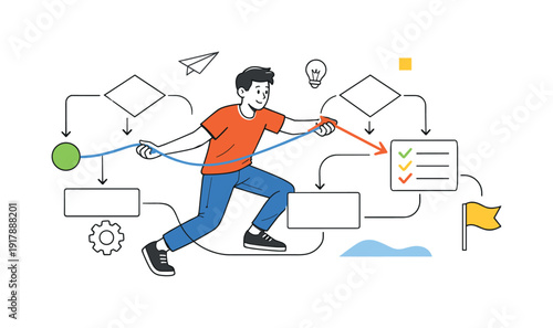 Process Diagram. Person linking decision nodes and action steps, paths branching and reconnecting gracefully.