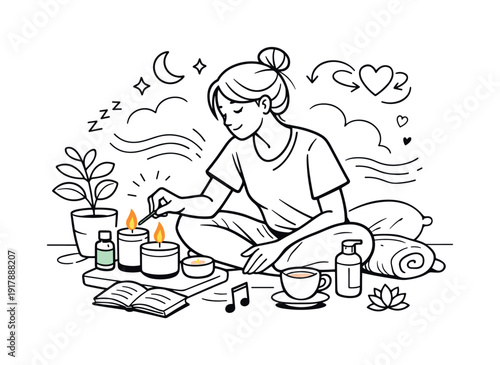 Self-care routine at home. Person gently lighting candles, soft glow spreading across a calm space, slow