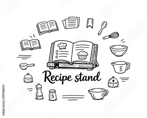 Recipe stand. Hand-drawn doodle illustration of Recipe stand. In the middle, one slightly larger central