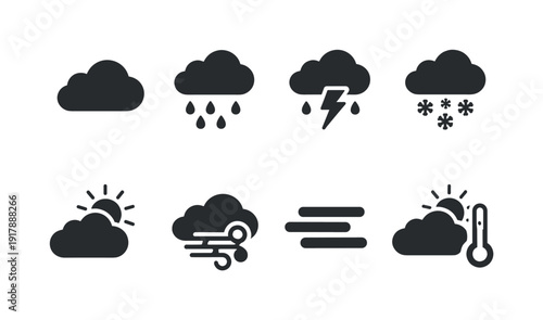 Clouds and weather. Filled icon set of Clouds and weather: fluffy cloud, rain cloud,