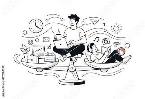 Harmonious Work-Life Balance. Balance between work and personal life. Person calmly switching between laptop