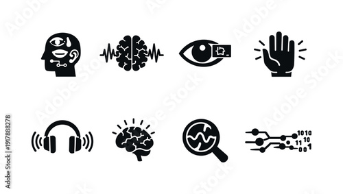 Sensory technologies and perception of reality. Filled icon set of Sensory technologies and