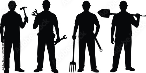 Construction worker silhouettes holding tools set, labor profession vector illustration for building, repair, maintenance, agriculture, industrial work concepts, teamwork safety design