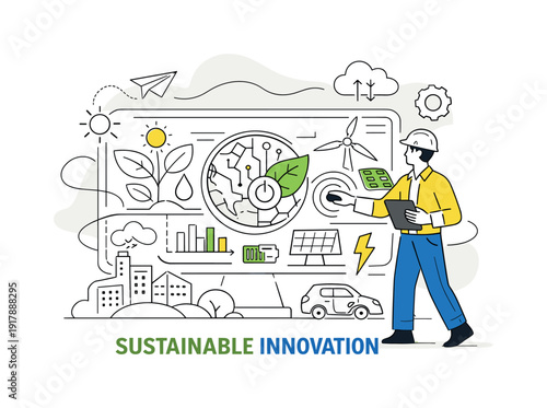 Sustainable Innovation. Engineer controlling eco dashboard with plant and tech symbols