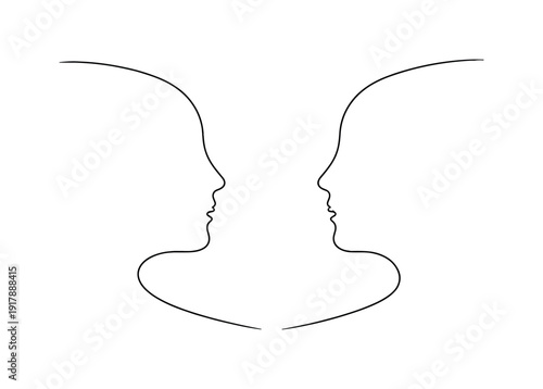 "Silence as Shape". Minimalistic one-line drawing two abstract forms facing each other with a large empty