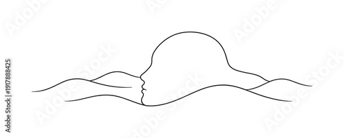 "Thought Landscape". Minimalistic one-line drawing an abstract landscape that subtly forms a human head