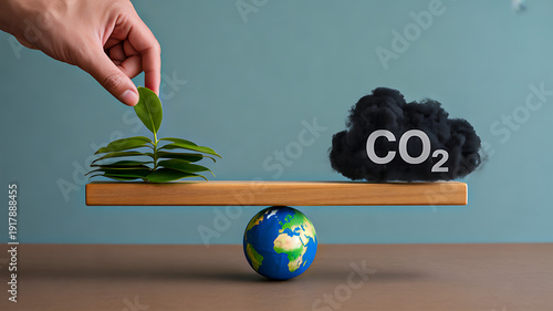 Environmental balance concept with co2 cloud and green leaves on scale
