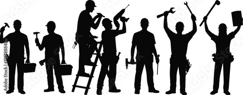 Construction worker silhouettes set with tools and ladder, professional builders teamwork vector illustration for industrial labor, repair services, maintenance work, and workforce concepts