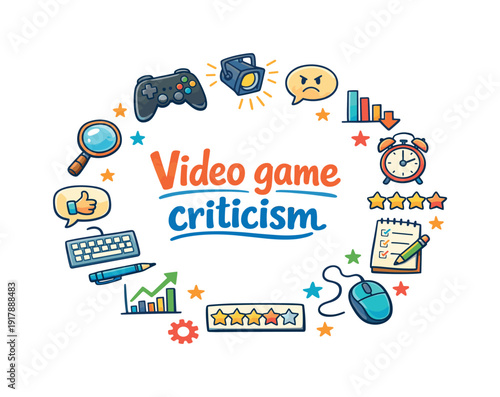 Video game criticism. Hand drawn illustration of Video game criticism. gamepad, magnifying