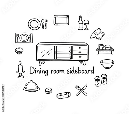 Dining room sideboard. Hand-drawn doodle illustration of Dining room sideboard. In the