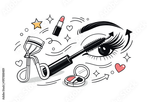Makeup essentials routine. Mascara wand sweeping upward while an eyelash curler rests nearby