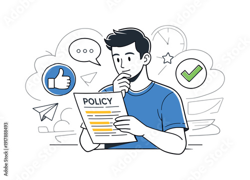 Policy Review. Character carefully reading a policy document with highlighted sections,