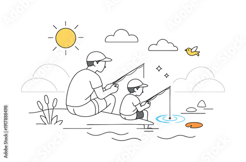 Lakeside Fishing Bonding. Family outdoor bonding. Parent and child sitting quietly by the lakeshore, fishing