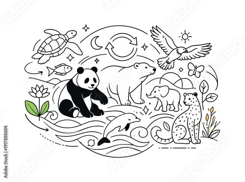 Biodiversity and conservation. Endangered species surrounded by symbolic plants and water