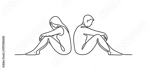 "Near but Apart". Minimalistic one-line drawing two people sitting back to back with a small