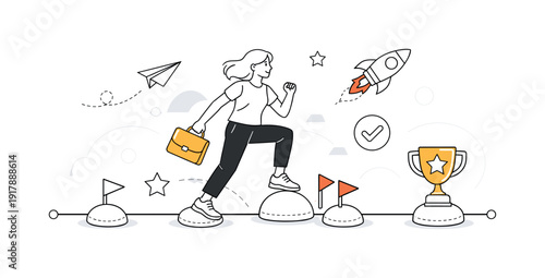 Milestone Completion. Character stepping across marked milestones on a timeline, small flags and stars