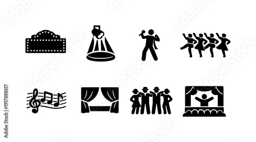 Broadway style musical. Filled icon set of Broadway style musical: marquee theater sign, spotlight stage, lead
