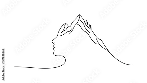 Visual Metaphor. Minimalistic one-line drawing human profile merging into a mountain
