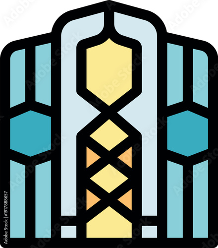 Traditional kazakh ornament creating an arch with a blue geometrical pattern on the sides and a yellow geometrical pattern in the center