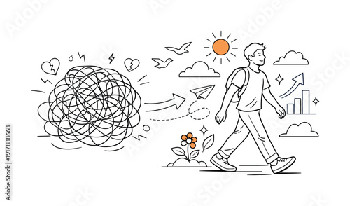 Dealing with toxic relationships and moving forward. Person stepping away from a tangled knot of lines, calm