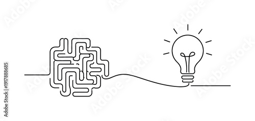 Conceptual Logic. Minimalistic one-line drawing continuous line forming a maze that resolves into a clear