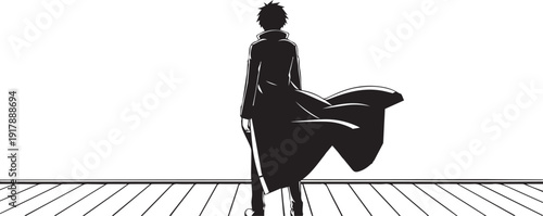 Back View Silhouette of Young Man in Long Trench Coat Standing on Deck Facing Horizon, Minimalist Manga Style Illustration