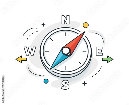 Navigation Compass. Minimal compass icon rotating smoothly, directional arrows floating