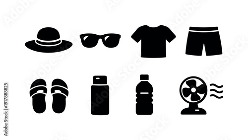 es.Dressing for summer heat. Filled icon set of Dressing for summer heat: sun hat,