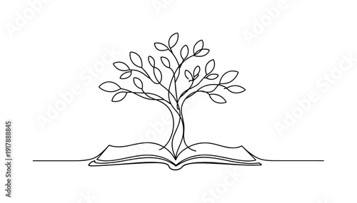 Abstract Narrative. Minimalistic one-line drawing tree growing from an open book symbolizing knowledge and
