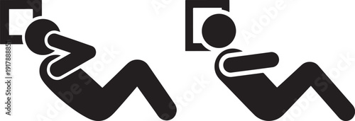 Two silhouette figures doing sit-ups, graphic icons representing fitness and exercise.