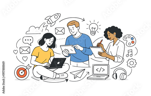 Building professional skills. Learners practicing new abilities with icons of communication, creativity, and