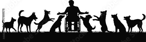 Silhouette of a person in wheelchair surrounded by dogs black