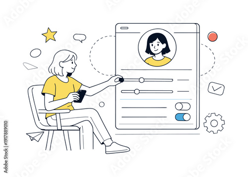 Profile Management. Character editing profile settings with sliders and toggles, avatar subtly updating in