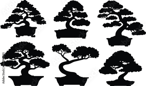 Bonsai tree silhouettes set in ceramic pots, Japanese miniature garden plants, zen nature decoration, black vector illustration isolated white background
