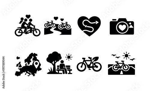 Romantic cycling travel. Filled icon set of Romantic cycling travel: romantic cycling