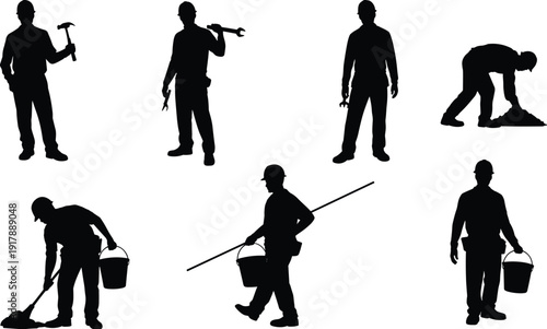 Construction worker silhouettes set, laborers with tools and buckets, manual labor poses vector illustration for building, repair, maintenance and industrial projectsConstruction worker silhouettes 
