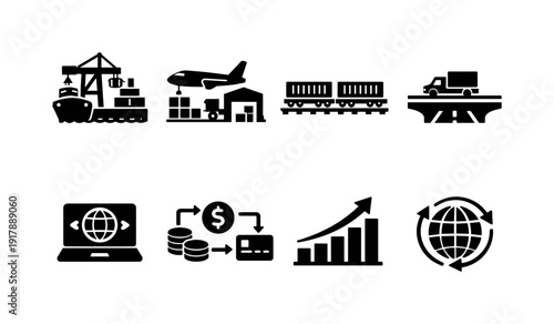 Global commerce infrastructure. Filled icon set of Global commerce infrastructure:
