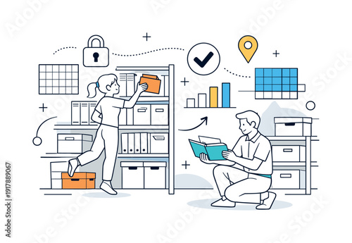 Data Storage. Archive shelves filled with files and boxes, stable and trustworthy environment. Abstract grids