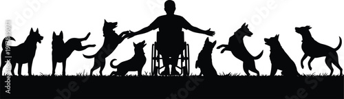 Silhouette of a person in wheelchair surrounded by dogs black 1