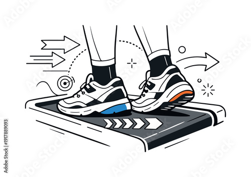 Pre-Run Focus. Workout warm-up focus. Close-up athletic shoes on a treadmill just before starting, stable