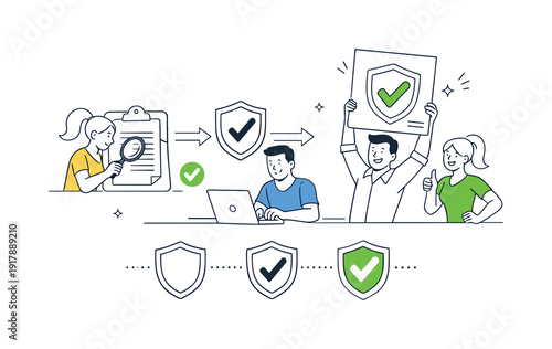 Standards Validation. Documents passing through a verification flow, shields and checkmarks appearing step by