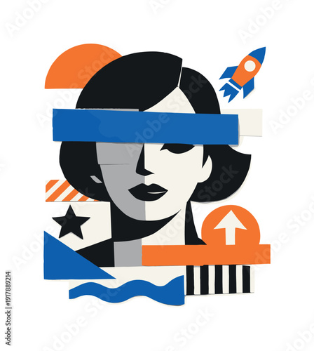 A conceptual modern-retro collage showing a monochrome portrait built from rigid geometric