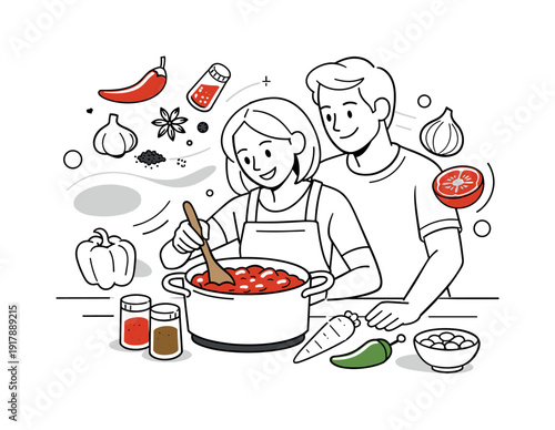 Home cooking together. Person stirring chili with wooden spoon, spices and vegetables