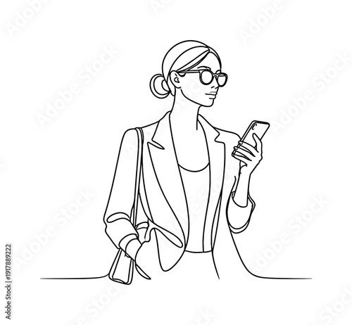 Style Authority. Minimalistic one-line drawing fashionable person holding a smartphone suggesting digital