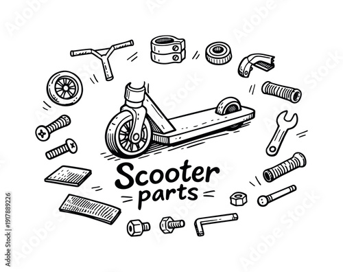 Scooter parts. Hand-drawn doodle illustration of Scooter parts. In the middle, one slightly